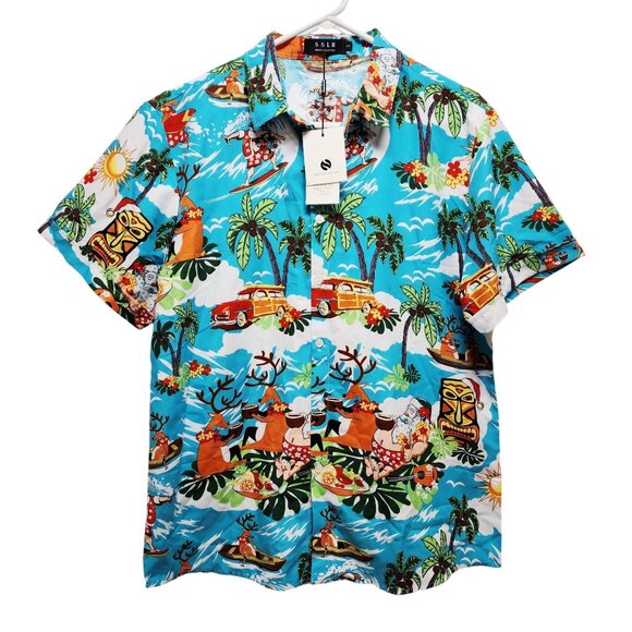 Mens Hawaiian Shirt Santa Reindeer  Short Sleeve Blue Tropical Design Size L - Picture 1 of 8